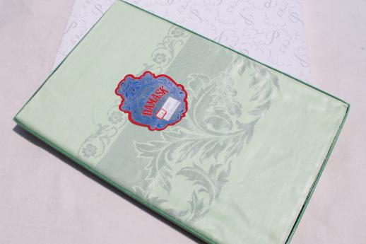 photo of mint green damask tablecloth & napkins w/ original label, vintage table linen set #2