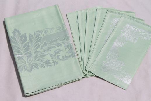 photo of mint green damask tablecloth & napkins w/ original label, vintage table linen set #3