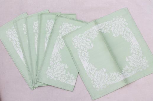 photo of mint green damask tablecloth & napkins w/ original label, vintage table linen set #4