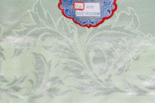 photo of mint green damask tablecloth & napkins w/ original label, vintage table linen set #5