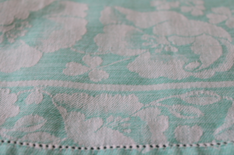 photo of mint green vintage floral jacquard cotton tablecloth, cottage chic spring decor #2