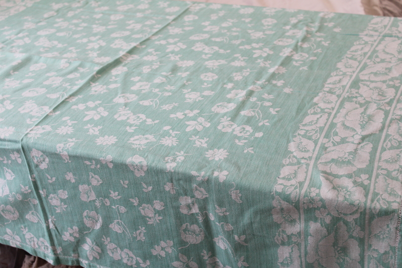 photo of mint green vintage floral jacquard cotton tablecloth, cottage chic spring decor #4