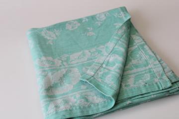 catalog photo of mint green vintage floral jacquard cotton tablecloth, cottage chic spring decor