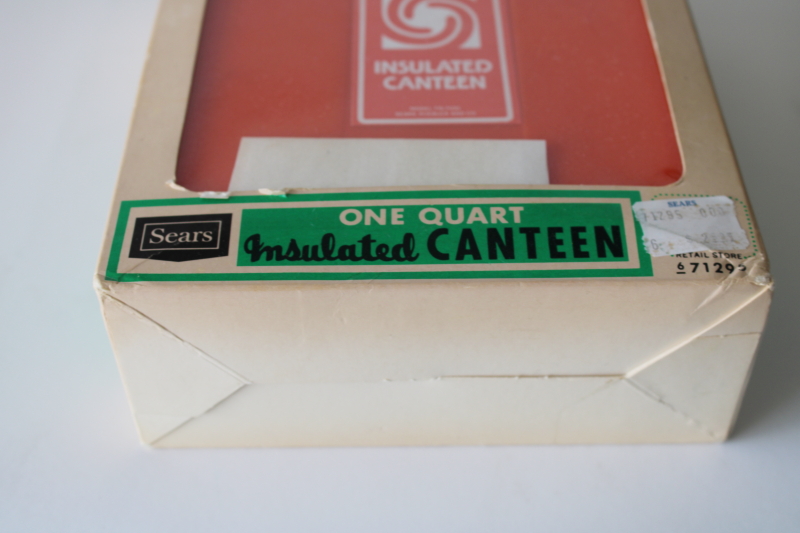 photo of mint in box 1970s vintage Sears canteen, orange plastic insulated bottle square shape w/ strap  #2