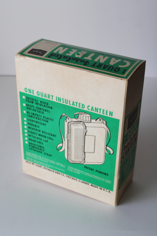 photo of mint in box 1970s vintage Sears canteen, orange plastic insulated bottle square shape w/ strap  #3