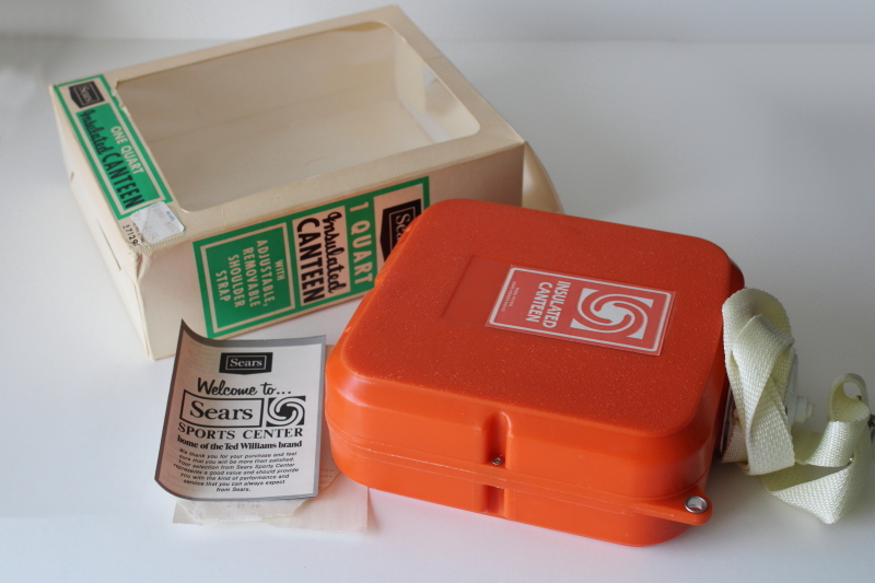 photo of mint in box 1970s vintage Sears canteen, orange plastic insulated bottle square shape w/ strap  #4