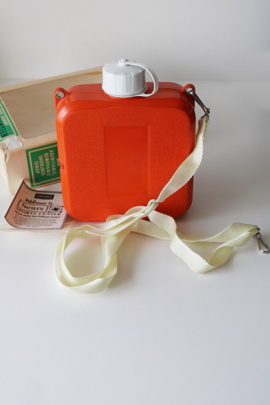 photo of mint in box 1970s vintage Sears canteen, orange plastic insulated bottle square shape w/ strap  #5