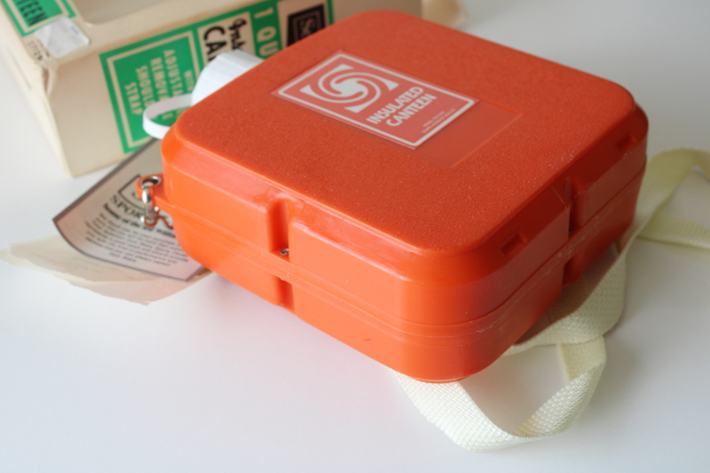 photo of mint in box 1970s vintage Sears canteen, orange plastic insulated bottle square shape w/ strap  #6