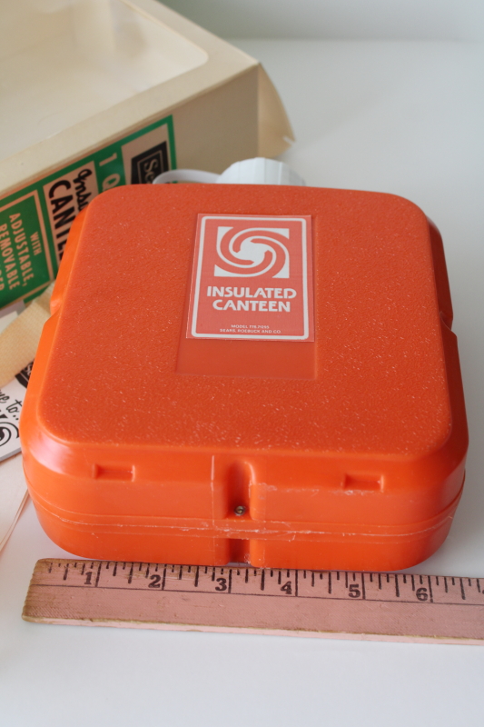 photo of mint in box 1970s vintage Sears canteen, orange plastic insulated bottle square shape w/ strap  #7
