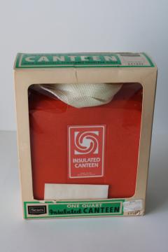catalog photo of mint in box 1970s vintage Sears canteen, orange plastic insulated bottle square shape w/ strap 