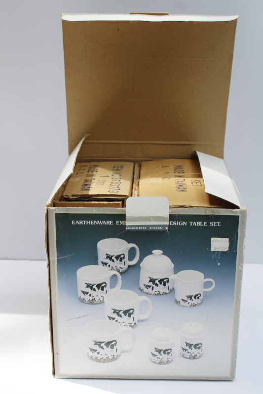 photo of mint in box 80s 90s vintage Taiwan ceramic holstein cow mugs, cream & sugar, S&P set  #1