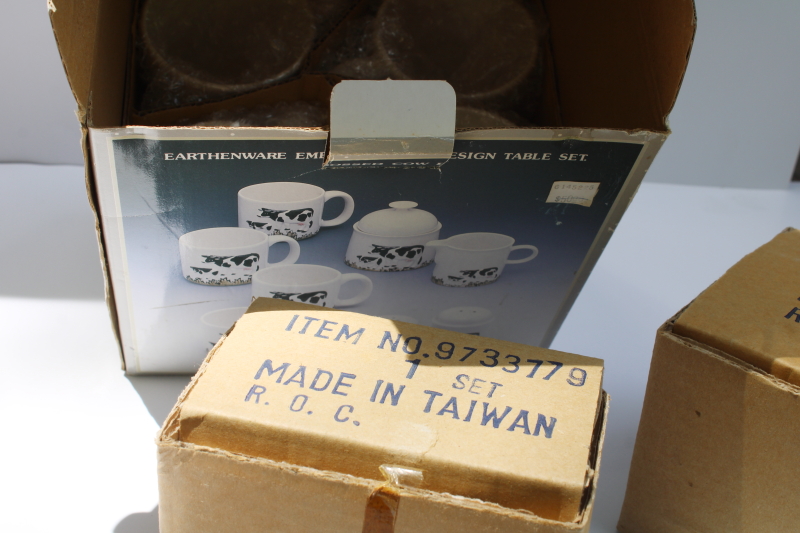 photo of mint in box 80s 90s vintage Taiwan ceramic holstein cow mugs, cream & sugar, S&P set #2