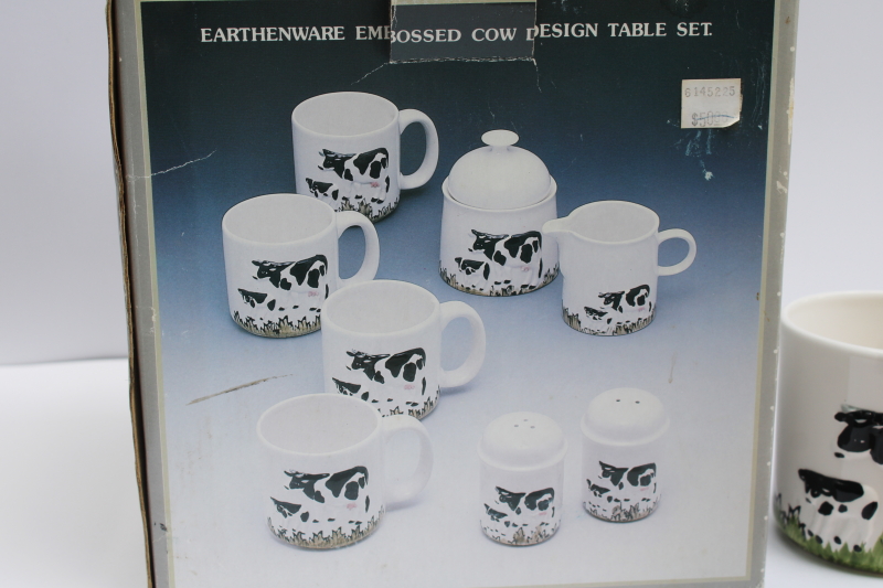 photo of mint in box 80s 90s vintage Taiwan ceramic holstein cow mugs, cream & sugar, S&P set #4