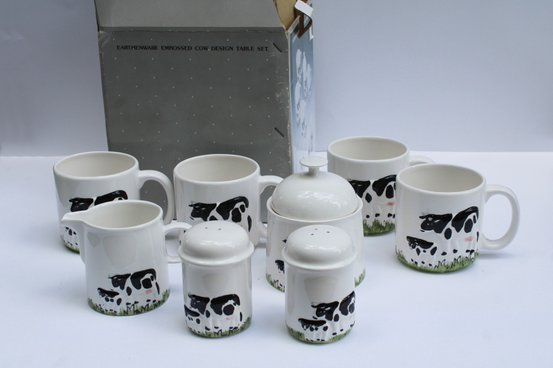 photo of mint in box 80s 90s vintage Taiwan ceramic holstein cow mugs, cream & sugar, S&P set #5