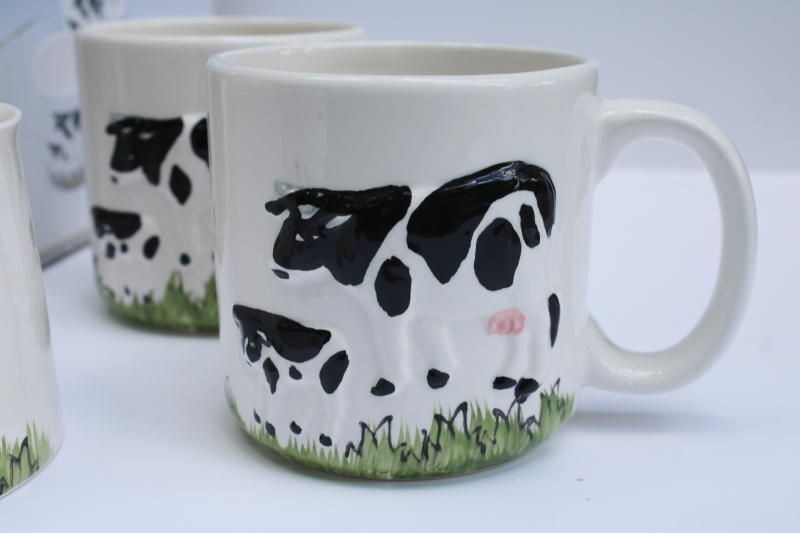 photo of mint in box 80s 90s vintage Taiwan ceramic holstein cow mugs, cream & sugar, S&P set #6