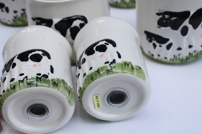 photo of mint in box 80s 90s vintage Taiwan ceramic holstein cow mugs, cream & sugar, S&P set #8