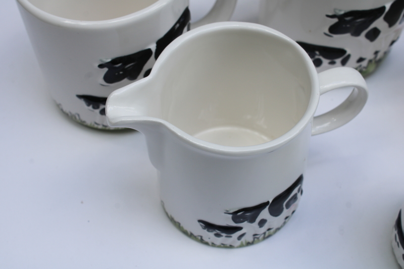photo of mint in box 80s 90s vintage Taiwan ceramic holstein cow mugs, cream & sugar, S&P set #9