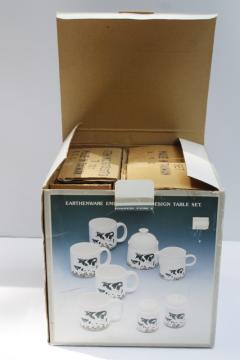 mint in box 80s 90s vintage Taiwan ceramic holstein cow mugs, cream & sugar, S&P set 