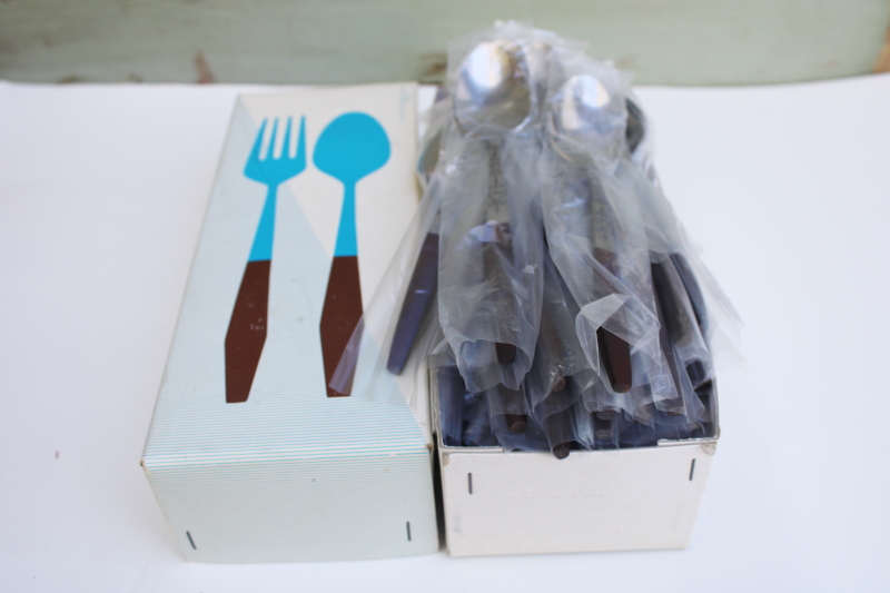 photo of mint in box MCM vintage Interpur flatware set, stainless w/ rosewood melamine handles INR2 #1