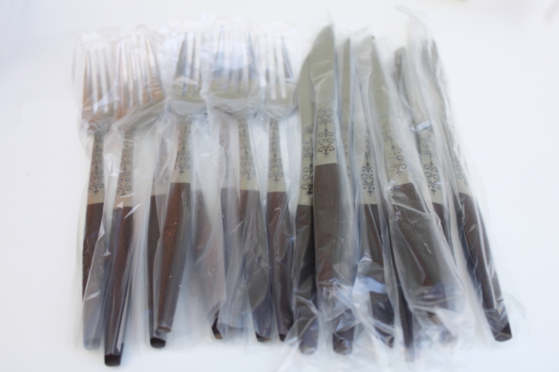 photo of mint in box MCM vintage Interpur flatware set, stainless w/ rosewood melamine handles INR2 #2