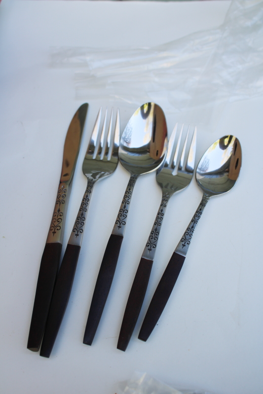 photo of mint in box MCM vintage Interpur flatware set, stainless w/ rosewood melamine handles INR2 #3