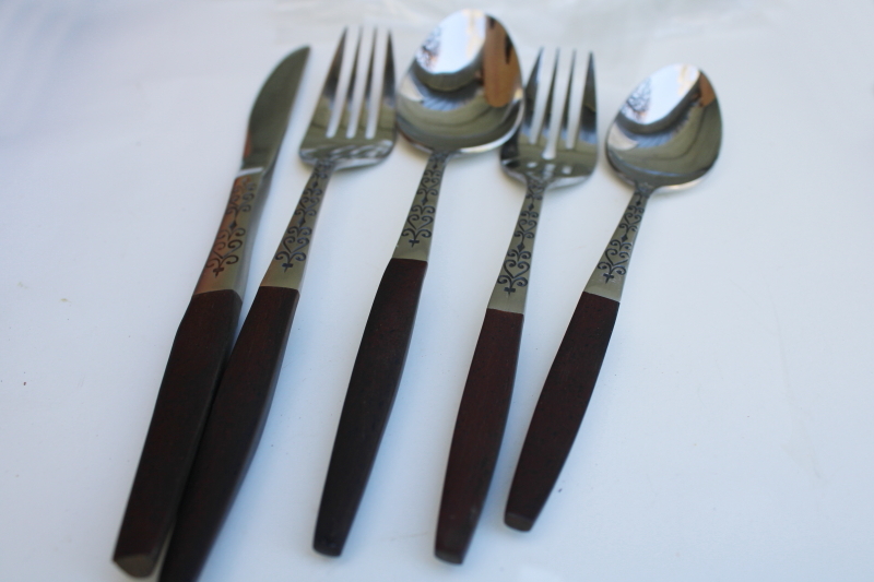 photo of mint in box MCM vintage Interpur flatware set, stainless w/ rosewood melamine handles INR2 #4