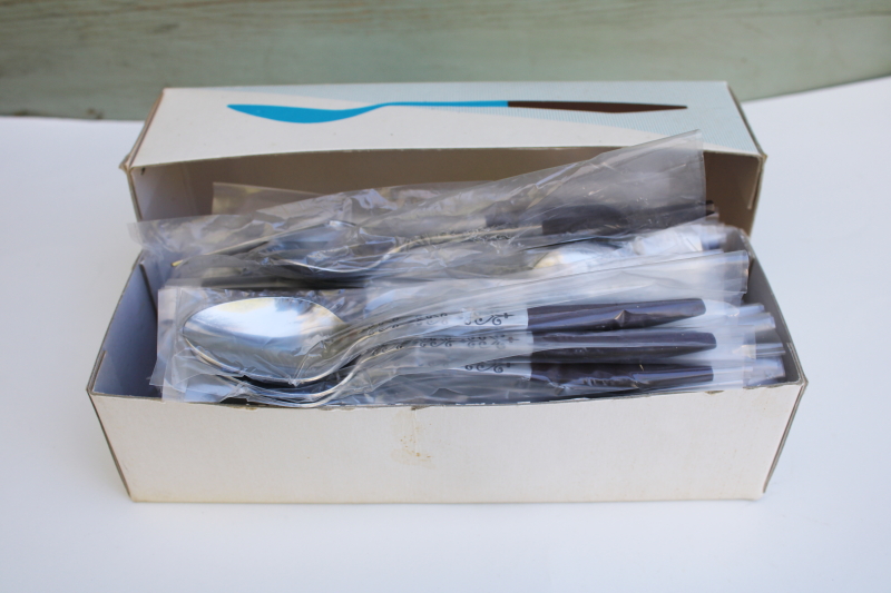 photo of mint in box MCM vintage Interpur flatware set, stainless w/ rosewood melamine handles INR2 #5