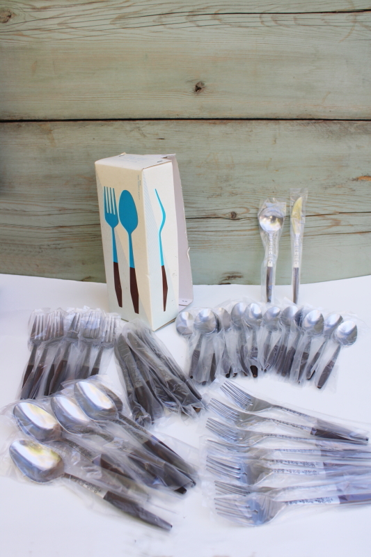 photo of mint in box MCM vintage Interpur flatware set, stainless w/ rosewood melamine handles INR2 #7