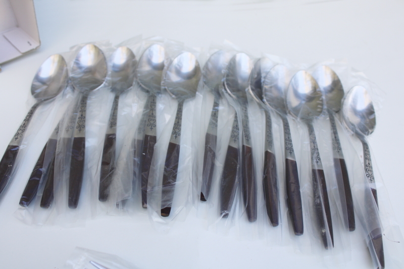 photo of mint in box MCM vintage Interpur flatware set, stainless w/ rosewood melamine handles INR2 #11