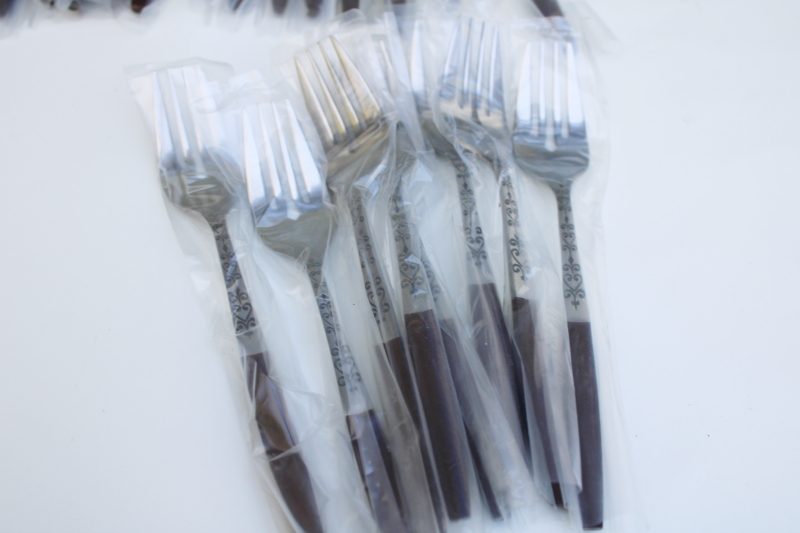 photo of mint in box MCM vintage Interpur flatware set, stainless w/ rosewood melamine handles INR2 #12