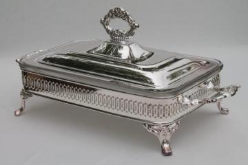 catalog photo of mint in box Oneida silver plate buffet server chafing dish, warming stand w/ pan