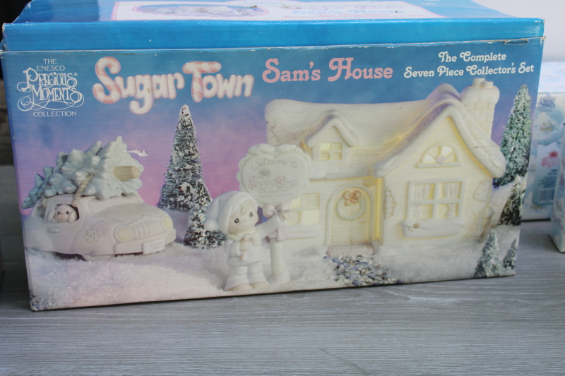 photo of mint in box vintage Precious Moments Christmas Sugar Town set, lighted Sam's House w/ figurines & accessories  #5