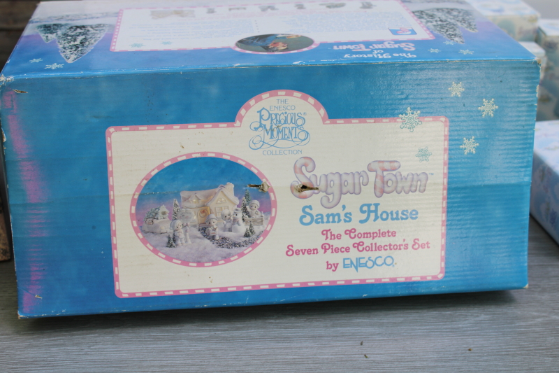 photo of mint in box vintage Precious Moments Christmas Sugar Town set, lighted Sam's House w/ figurines & accessories  #6