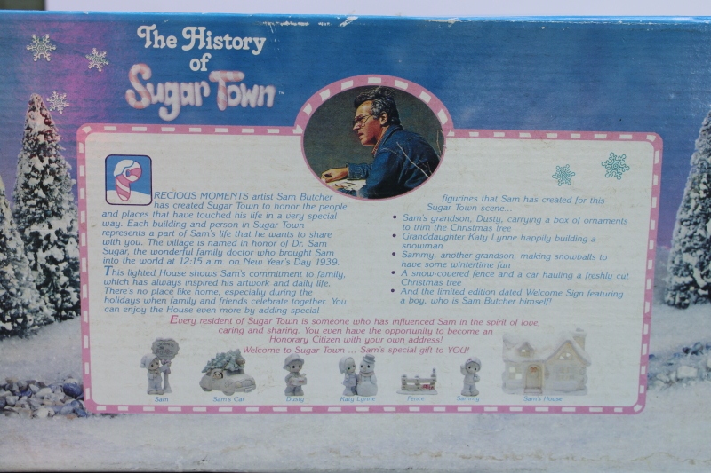 photo of mint in box vintage Precious Moments Christmas Sugar Town set, lighted Sam's House w/ figurines & accessories  #7