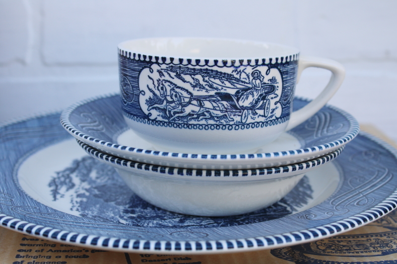 photo of mint in box vintage Royal china Currier Ives Imperial blue white dinnerware four settings #11