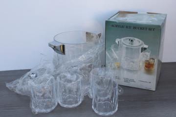 catalog photo of mint in box vintage lucite clear acrylic plastic ice bucket w/ rocks glasses