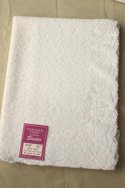 photo of mint in box vintage nylon white lace tablecloth, 60s Parisian Lady Fifth Ave label #2