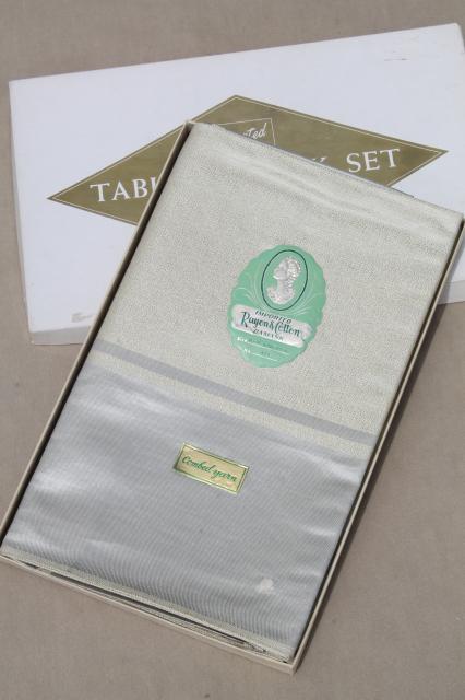 photo of mint in box vintage table linen, silver edged damask tablecloth & napkins set made in Japan #7