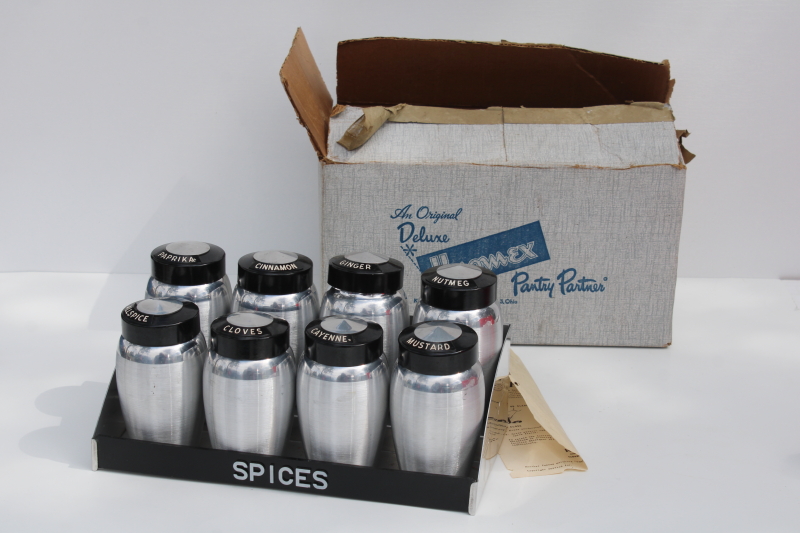 photo of mint in original box Kromex spun aluminum spice jars set w/ rack, MCM vintage packaging #1