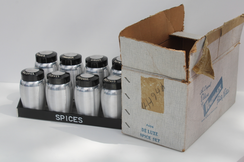 photo of mint in original box Kromex spun aluminum spice jars set w/ rack, MCM vintage packaging #4