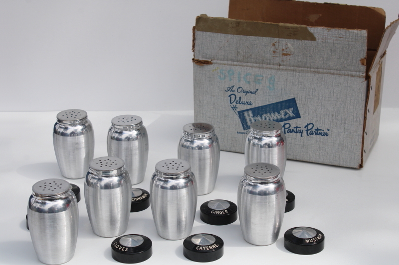 photo of mint in original box Kromex spun aluminum spice jars set w/ rack, MCM vintage packaging #9