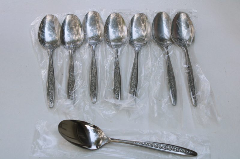 photo of mint in original package 70s vintage Customcraft stainless soup spoons set of 8, mod floral pattern #1