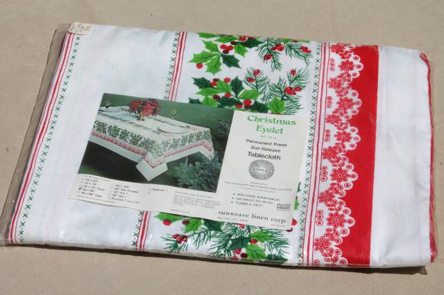 photo of mint in package vintage Christmas print holiday green & red holly tablecloth 60 x 86 #1