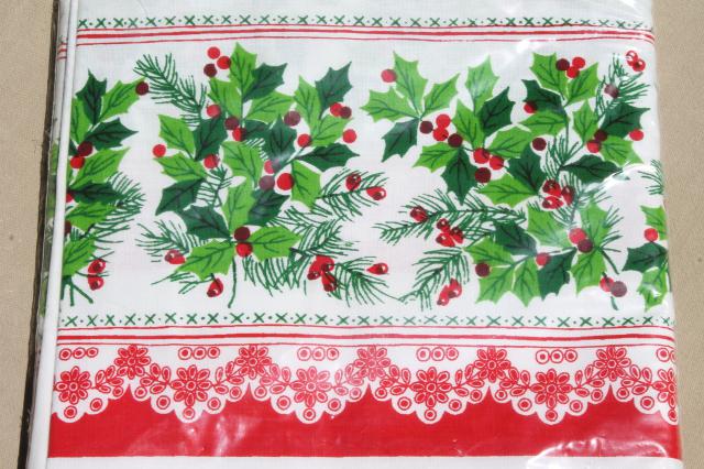 photo of mint in package vintage Christmas print holiday green & red holly tablecloth 60 x 86 #6