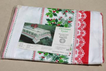 catalog photo of mint in package vintage Christmas print holiday green & red holly tablecloth 60 x 86