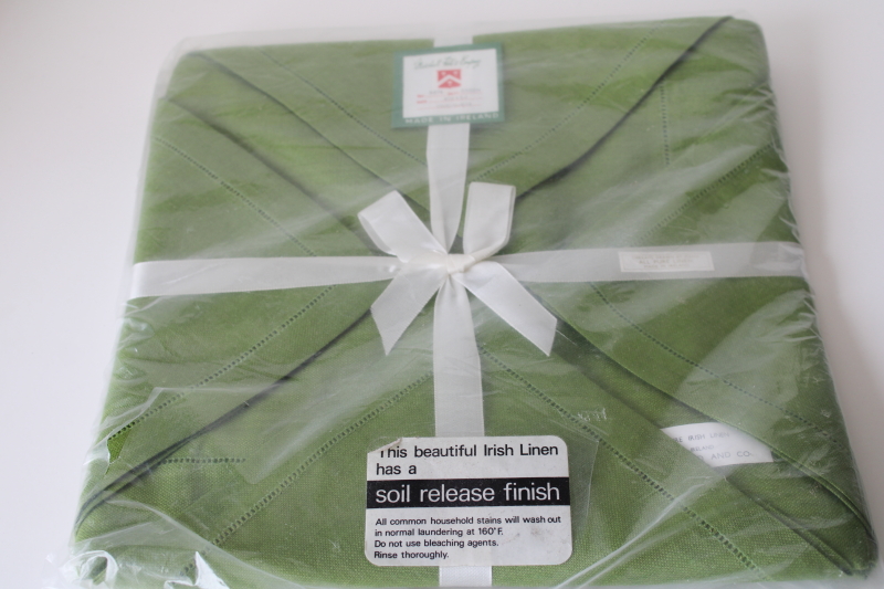 photo of mint in package vintage Marshall Fields pure linen tablecloth & napkins set, moss green table linens  #1