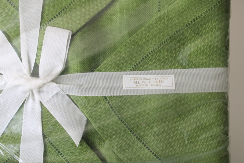 photo of mint in package vintage Marshall Fields pure linen tablecloth & napkins set, moss green table linens  #2