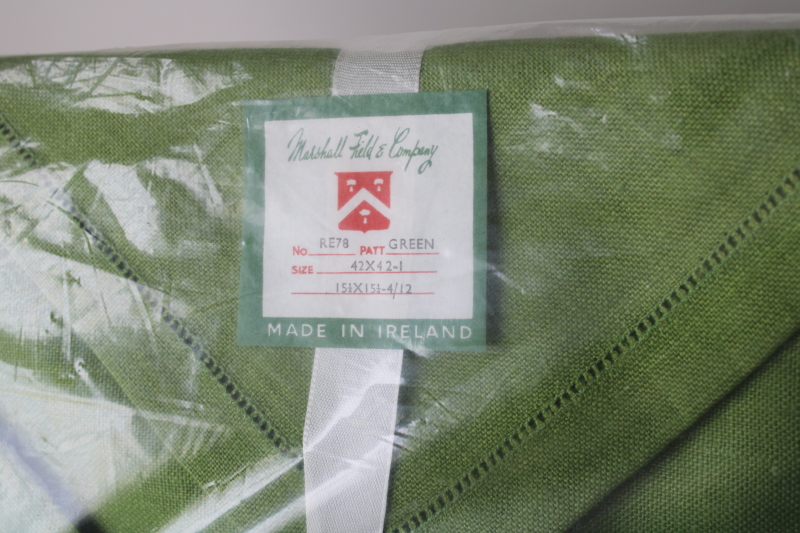 photo of mint in package vintage Marshall Fields pure linen tablecloth & napkins set, moss green table linens  #3