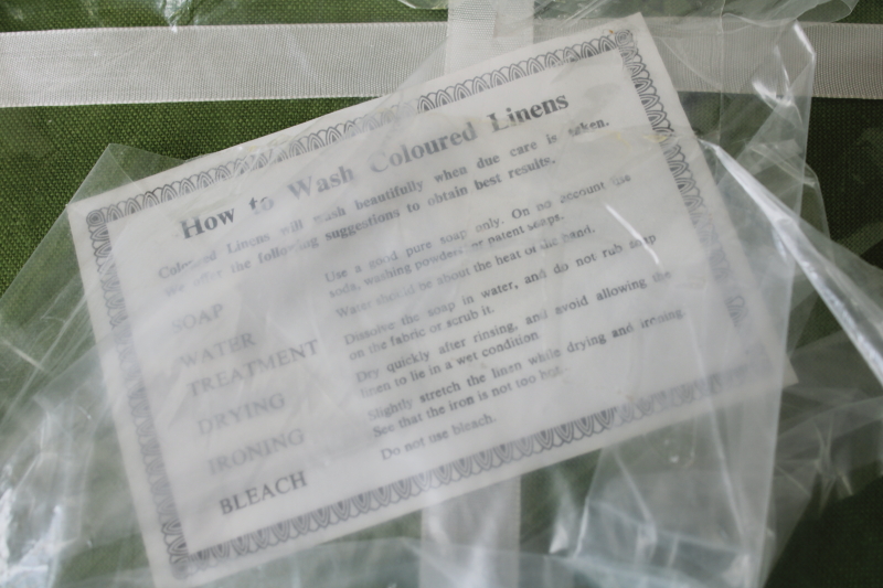photo of mint in package vintage Marshall Fields pure linen tablecloth & napkins set, moss green table linens  #5
