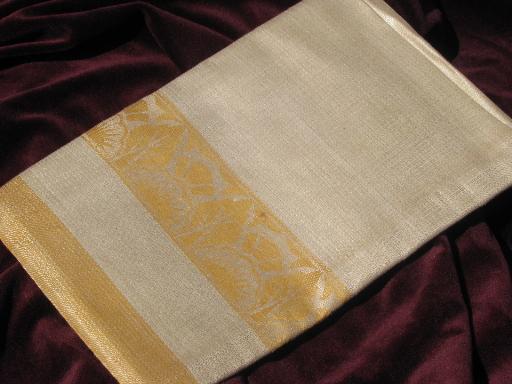 photo of mint w/ labels crisp vintage Irish linen damask tablecloth, flax w/ gold #1